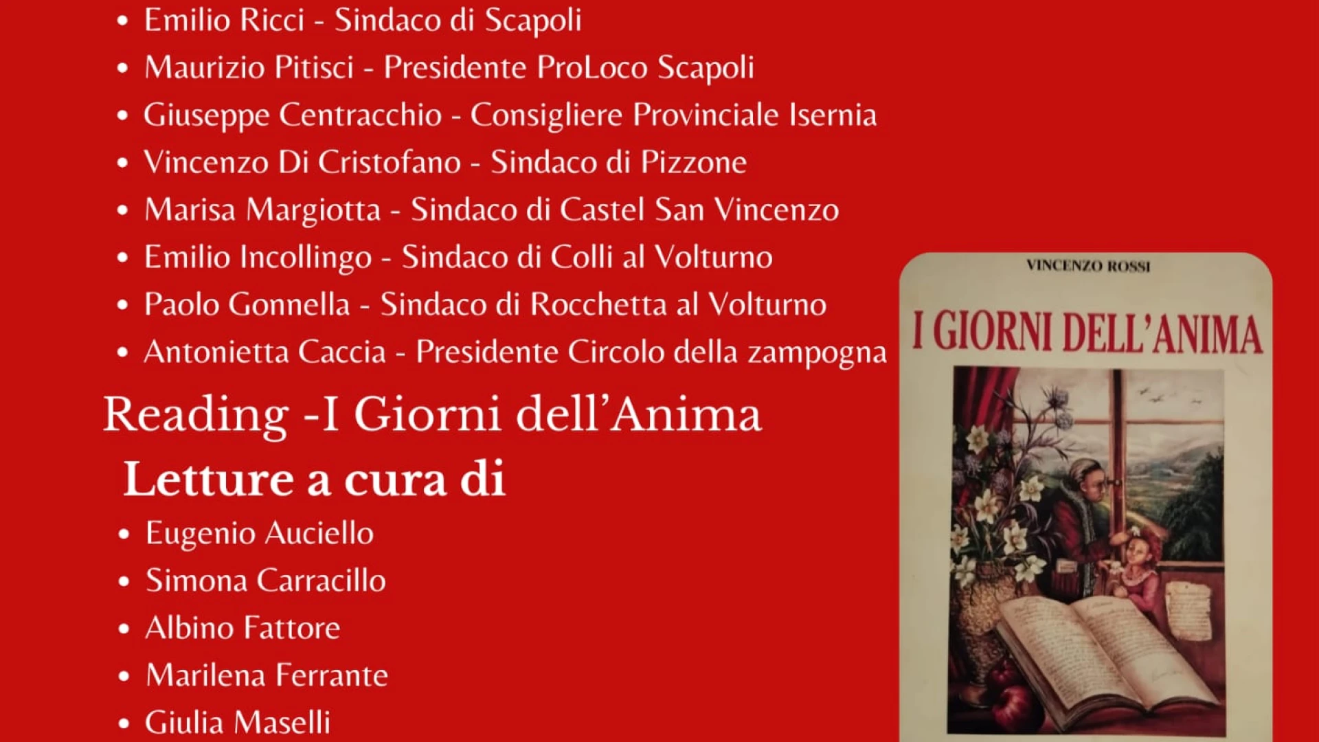 L’Alta Valle del Volturno omaggia Vincenzo Rossi. A Scapoli il 29 novembre appuntamento con il Reading con poesie tratte da “I Giorni dell’Anima”.